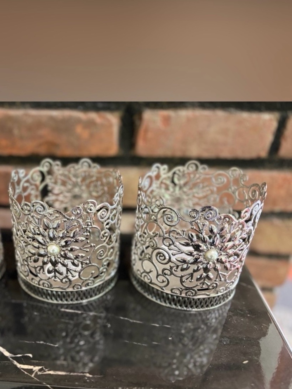 Bath and body Works Ornate Silver Floral Filigree Tea Light Holders - Set of 2